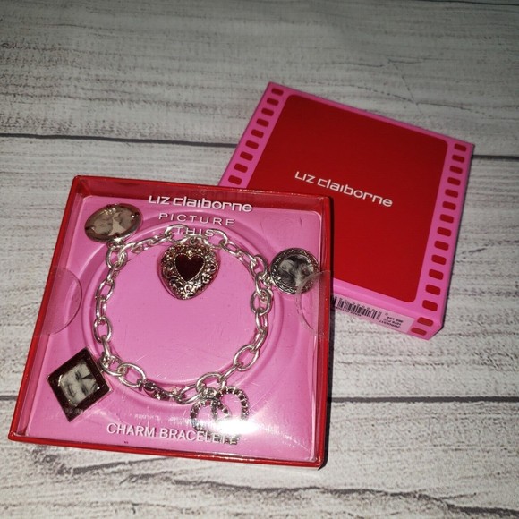 Liz Claiborne Picture This Photo Charm Bracelet Hearts Frames Silvertone NIB - Picture 1 of 6